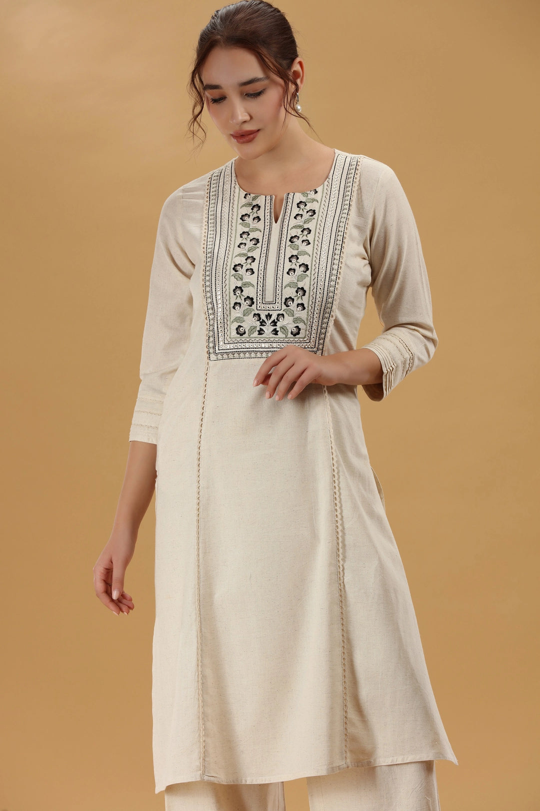 Cream Embroidered Flex Cotton Straight Kurta for women