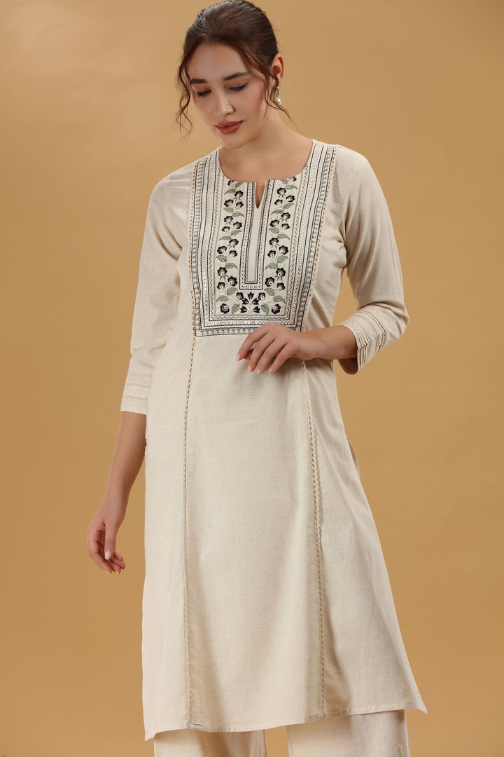 Cream Embroidered Flex Cotton Straight Kurta for women