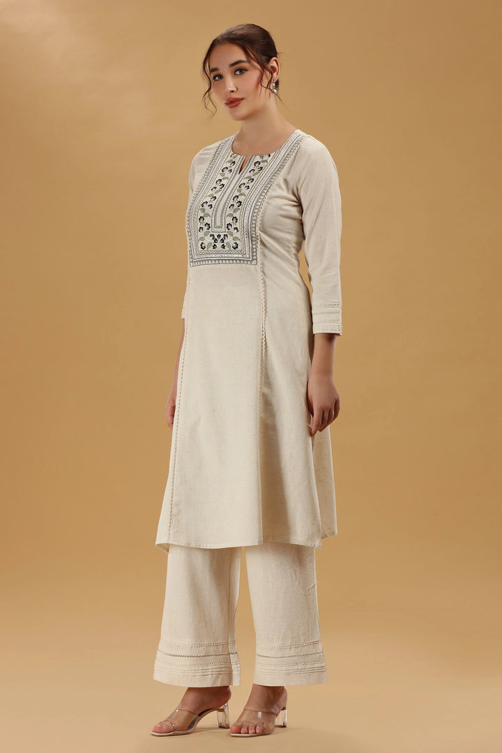 Cream Embroidered Flex Cotton Straight Kurta for women