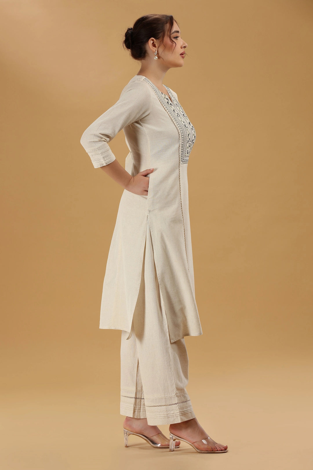 Cream Embroidered Flex Cotton Straight Kurta for women