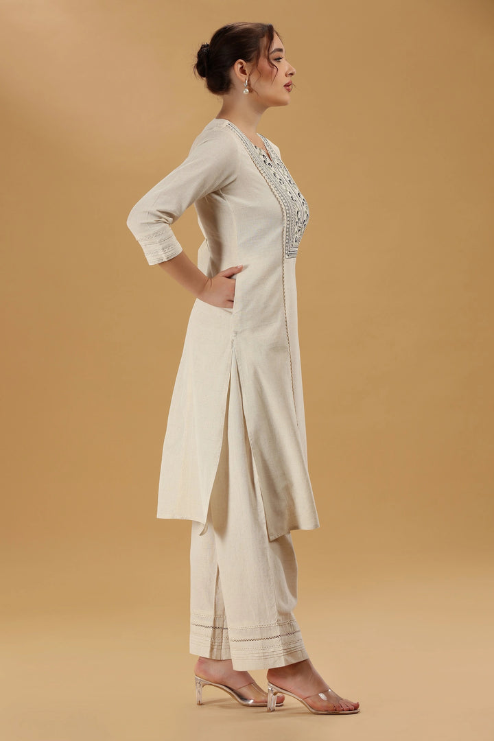 Cream Embroidered Flex Cotton Straight Kurta for women