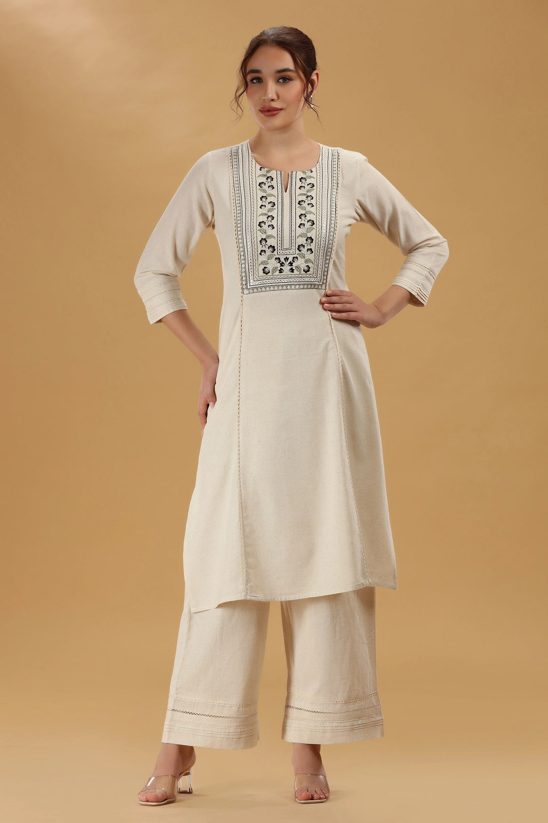 Cream Embroidered Flex Cotton Straight Kurta for women