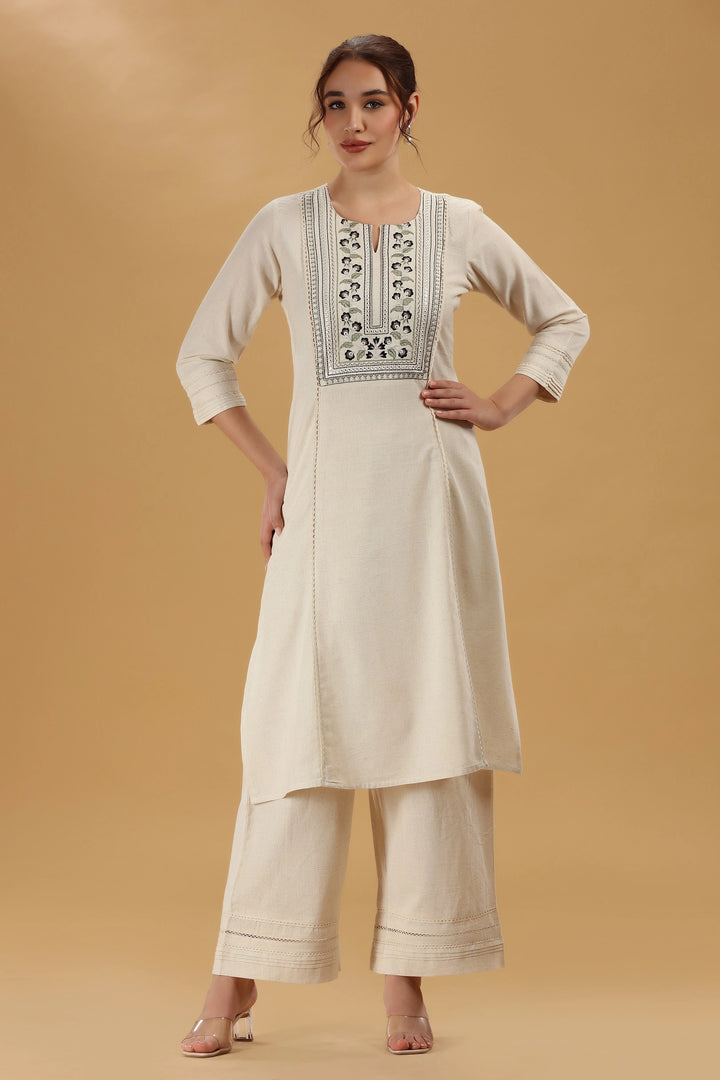 Cream Embroidered Flex Cotton Straight Kurta for women