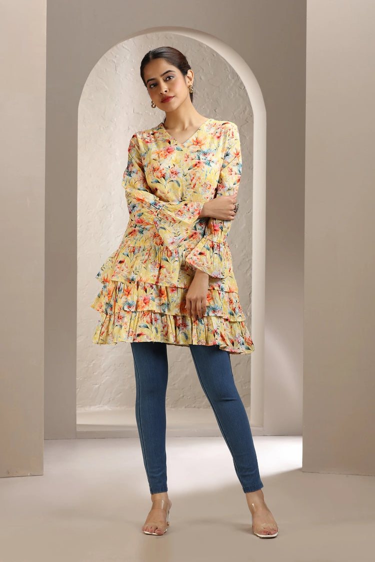 Cream Jacquard Cotton A Line Printed Short Kurta