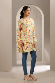 Cream Jacquard Cotton A Line Printed Short Kurta