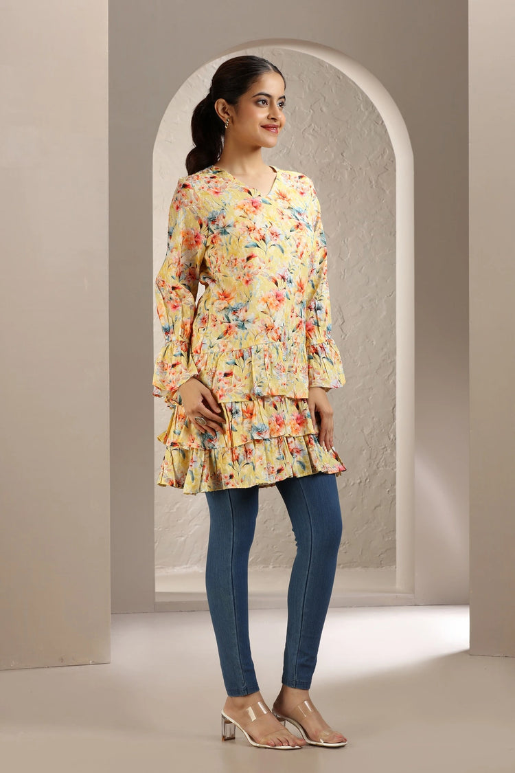 Cream Jacquard Cotton A Line Printed Short Kurta