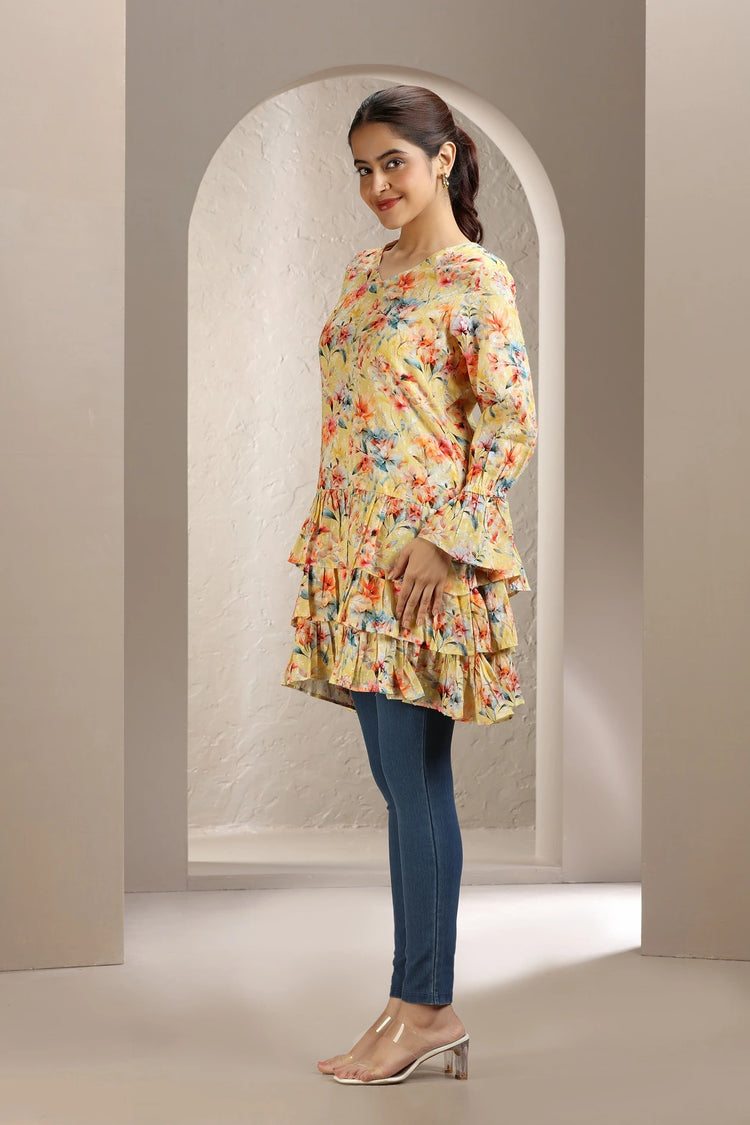 Cream Jacquard Cotton A Line Printed Short Kurta