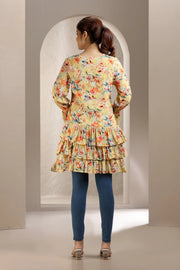 Cream Jacquard Cotton A Line Printed Short Kurta