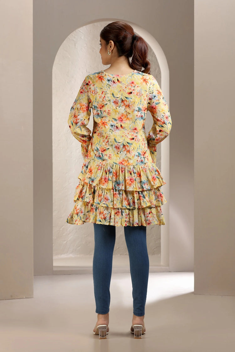 Cream Jacquard Cotton A Line Printed Short Kurta