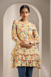 Cream Jacquard Cotton A Line Printed Short Kurta