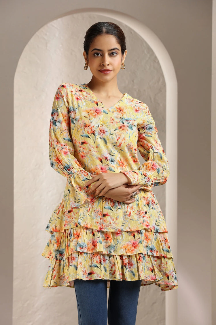 Cream Jacquard Cotton A Line Printed Short Kurta