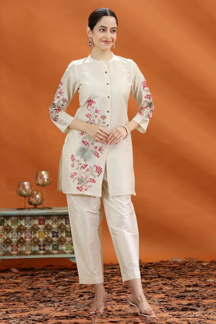 Cream Poly Silk Straight Embroidered Kurta and Pant Set