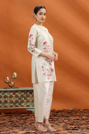 Cream Poly Silk Straight Embroidered Kurta and Pant Set
