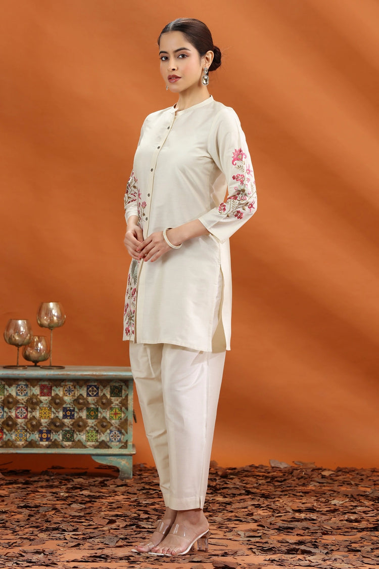 Cream Poly Silk Straight Embroidered Kurta and Pant Set