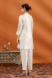 Cream Poly Silk Straight Embroidered Kurta and Pant Set