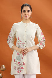 Cream Poly Silk Straight Embroidered Kurta and Pant Set