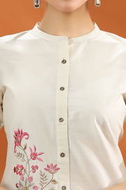 Cream Poly Silk Straight Embroidered Kurta and Pant Set