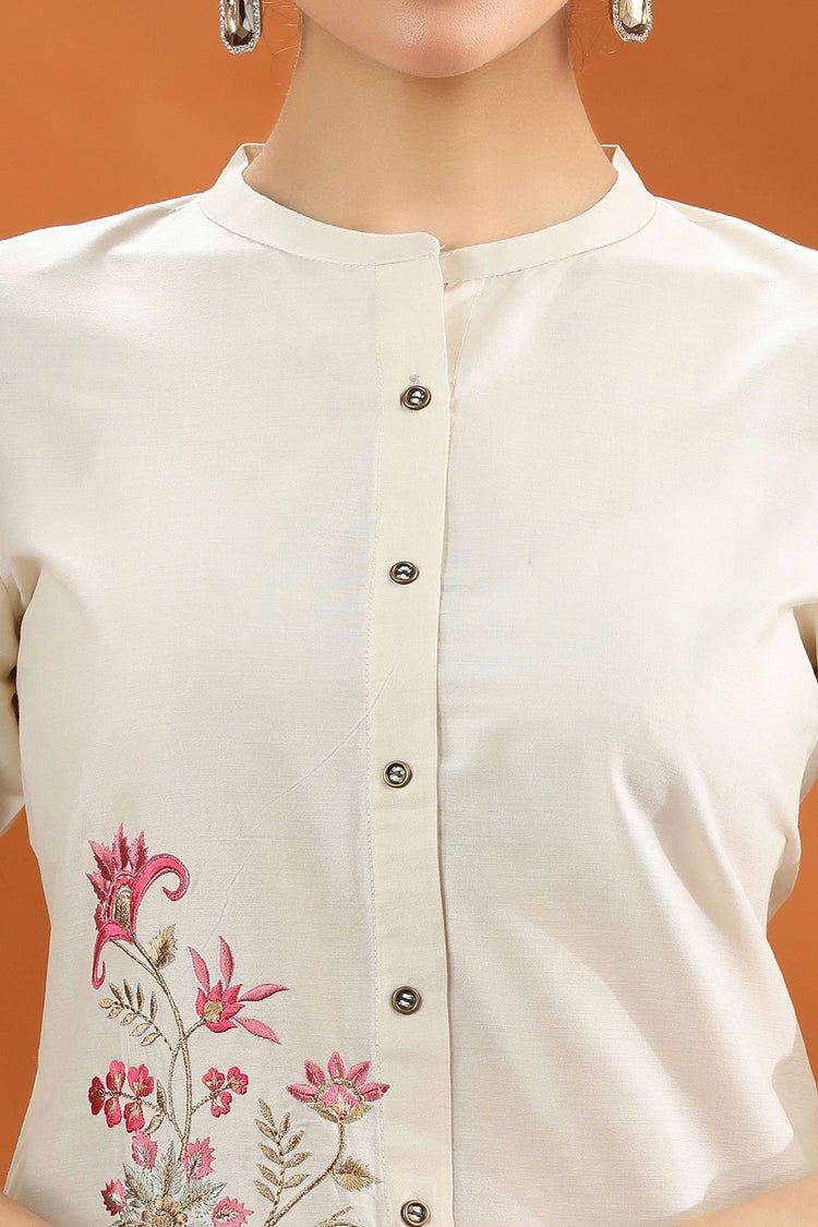 Cream Poly Silk Straight Embroidered Kurta and Pant Set