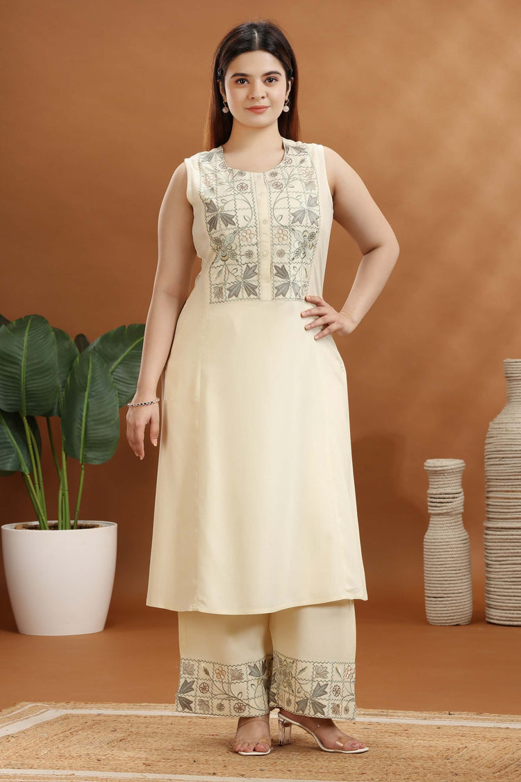 Cream Rayon Embroidered A Line Kurta and Pant Set