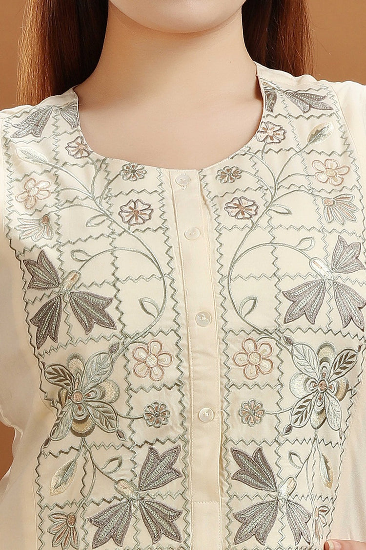 Cream Rayon Embroidered A Line Kurta and Pant Set