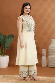 Cream Rayon Embroidered A Line Kurta and Pant Set