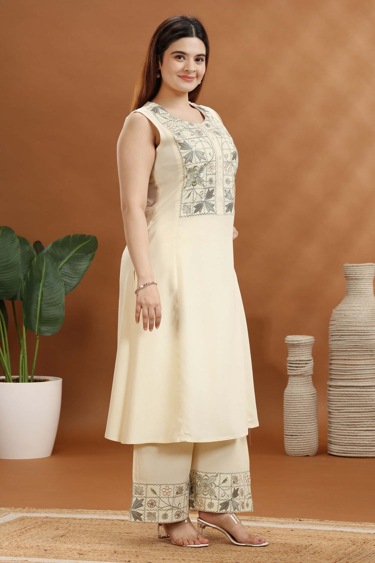 Cream Rayon Embroidered A Line Kurta and Pant Set