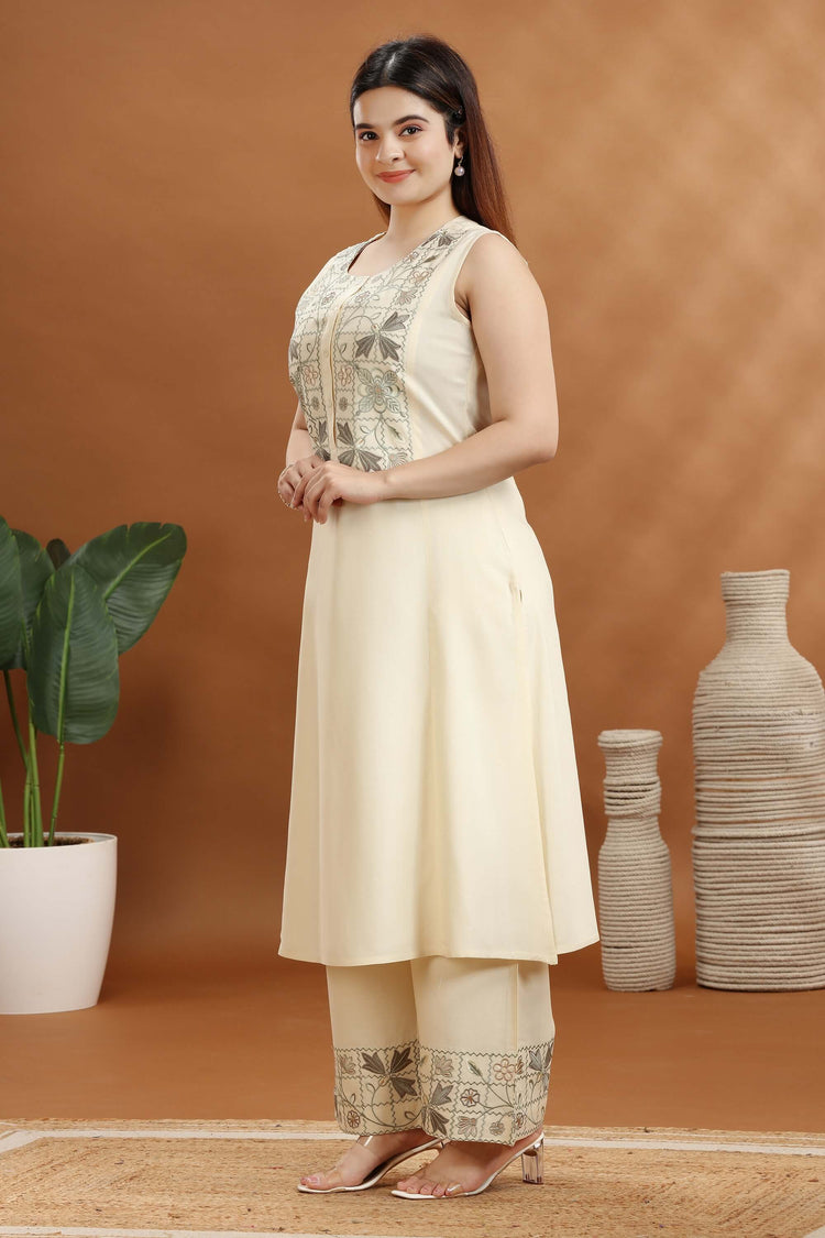 Cream Rayon Embroidered A Line Kurta and Pant Set