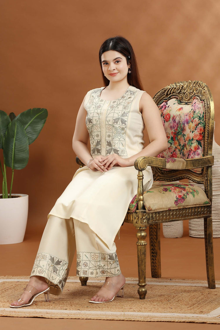 Cream Rayon Embroidered A Line Kurta and Pant Set