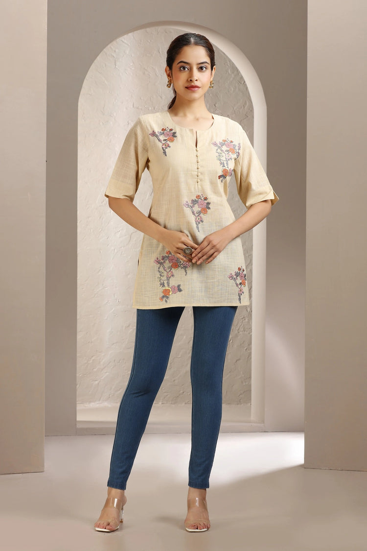 Cream Slub Cotton Embroidered Short Kurta