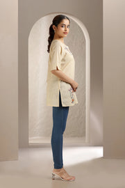 Cream Slub Cotton Embroidered Short Kurta