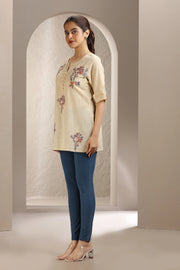 Cream Slub Cotton Embroidered Short Kurta