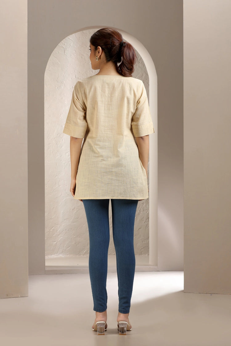 Cream Slub Cotton Embroidered Short Kurta