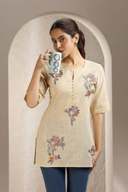 Cream Slub Cotton Embroidered Short Kurta