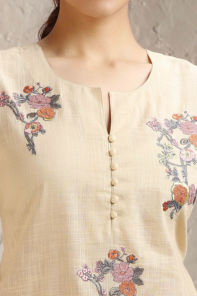 Cream Slub Cotton Embroidered Short Kurta