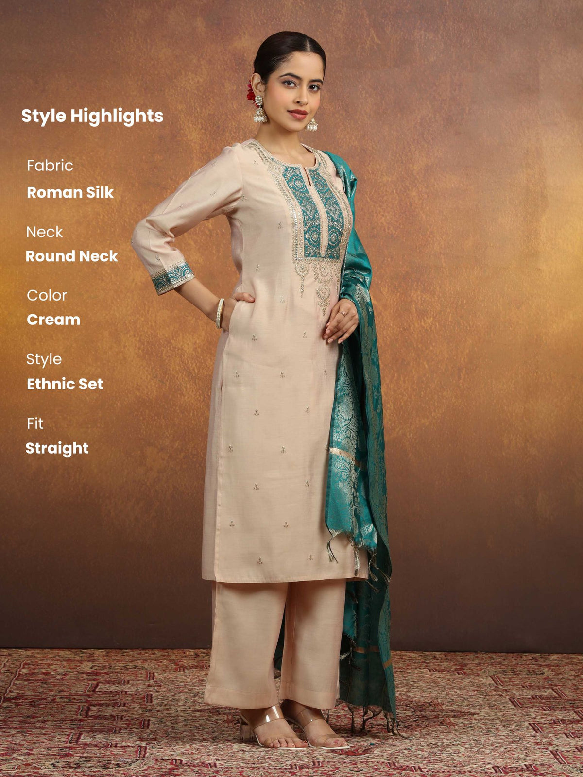 Cream Embroidered Straight Kurta PantWith Dupatta Ethnic Set