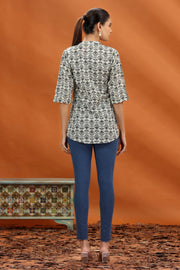 Cream & Grey Cotton Printed Straight Short Kurta and kurti for women and girls