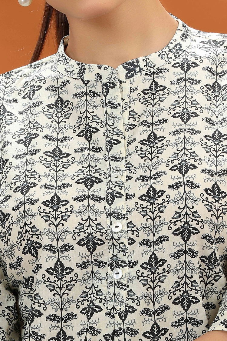 Cream & Grey Cotton Printed Straight Short Kurta and kurti for women  and girls