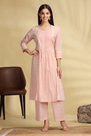 Peach Embroidered Cotton Straight Kurta Pant Co ord Set for women and girls