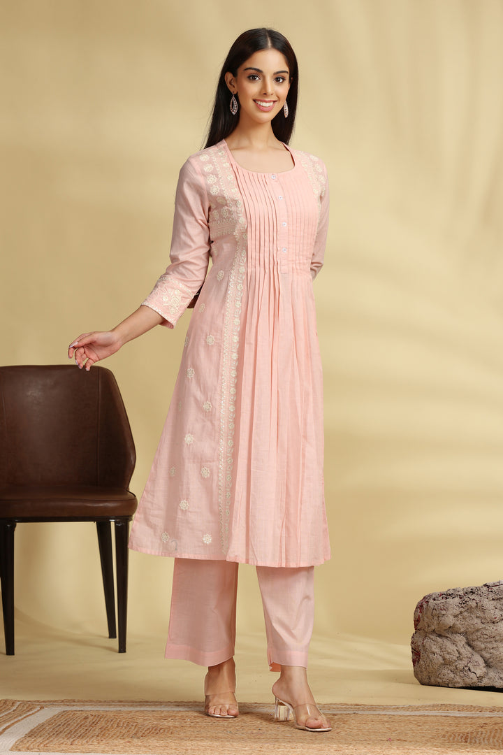 Peach Embroidered Cotton Straight Kurta Pant Co ord Set for women and girls