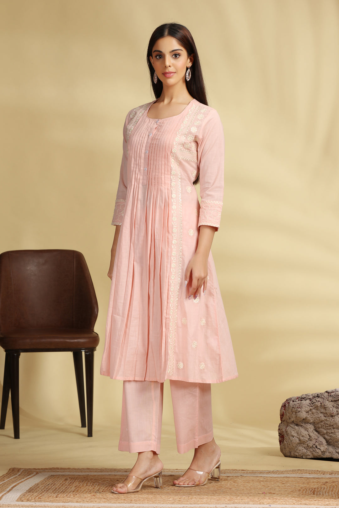 Peach Embroidered Cotton Straight Kurta Pant Co ord Set for women and girls
