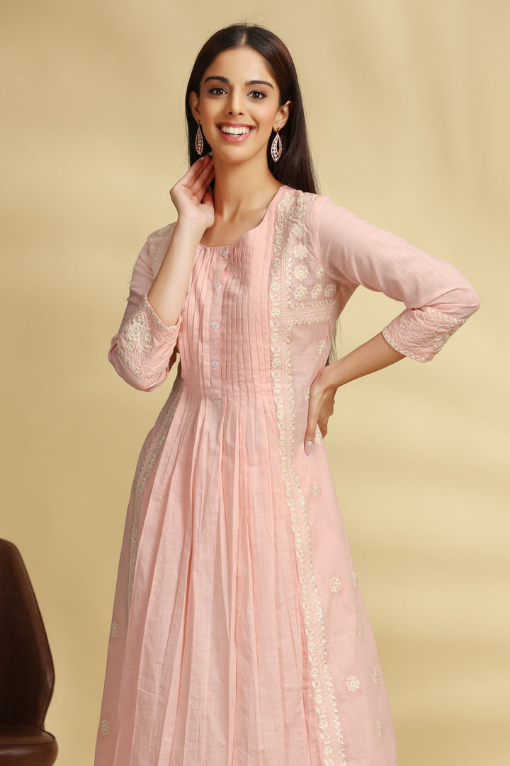 Peach Embroidered Cotton Straight Kurta Pant Co ord Set for women and girls
