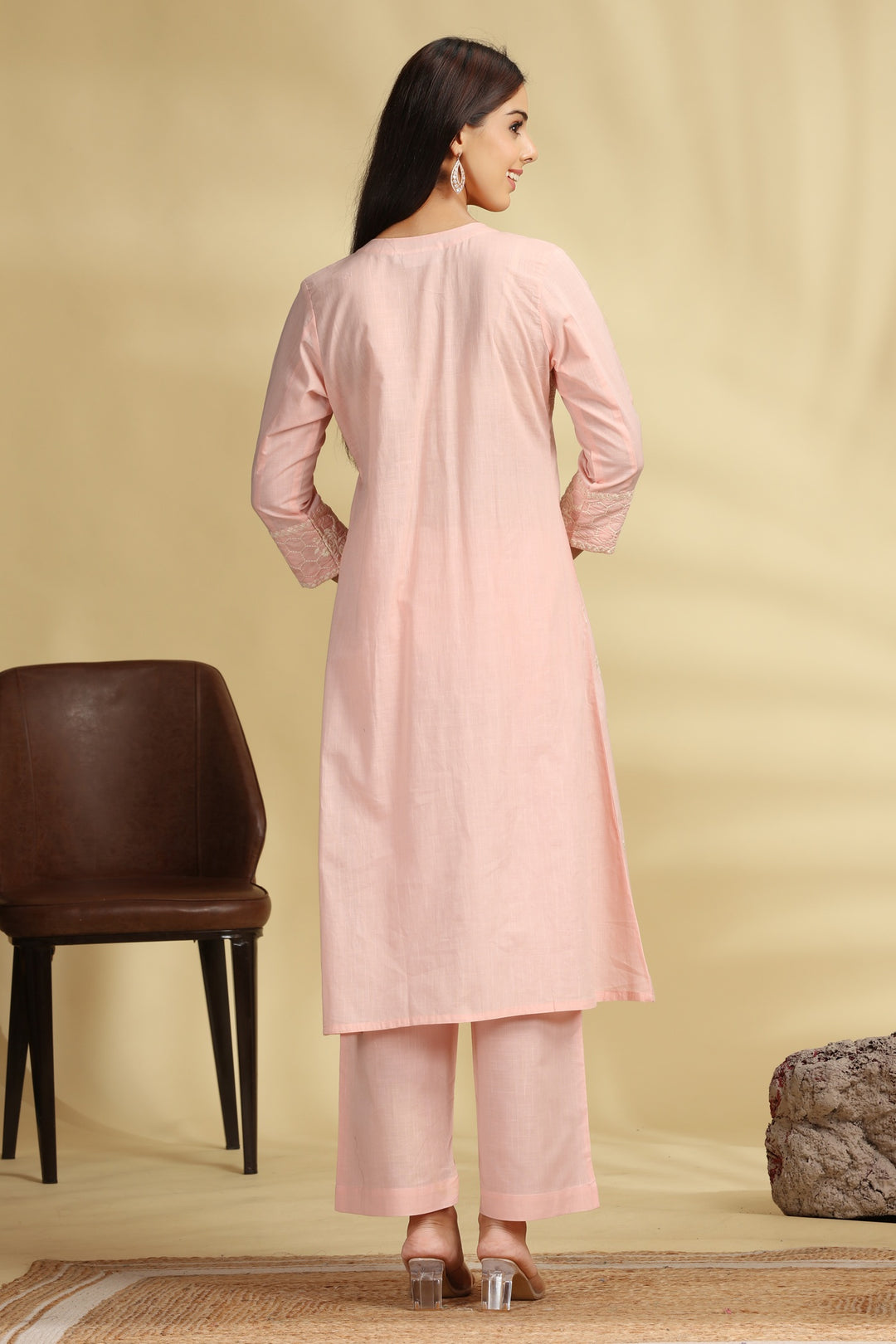 Peach Embroidered Cotton Straight Kurta Pant Co ord Set for women and girls