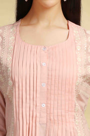 Peach Embroidered Cotton Straight Kurta Pant Co ord Set for women and girls