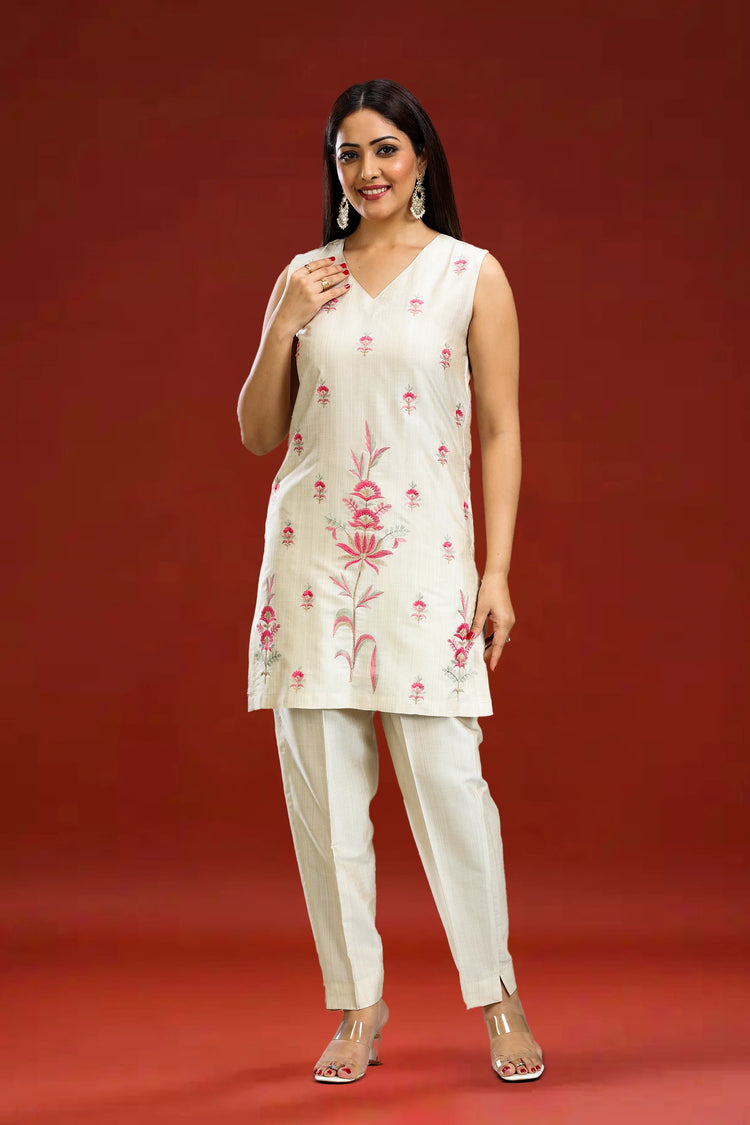 Cream PolySilk Straight Embroidered Sleeveless Kurta pant Co ord Set