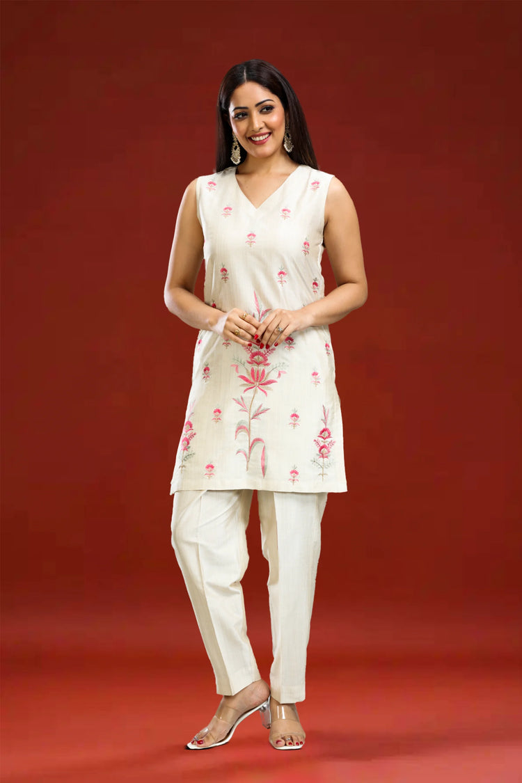 Cream PolySilk Straight Embroidered Sleeveless Kurta pant Co ord Set