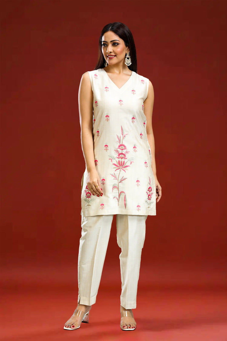 Cream PolySilk Straight Embroidered Sleeveless Kurta pant Co ord Set