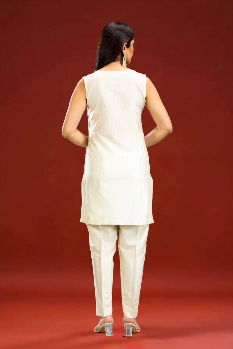 Cream PolySilk Straight Embroidered Sleeveless Kurta pant Co ord Set