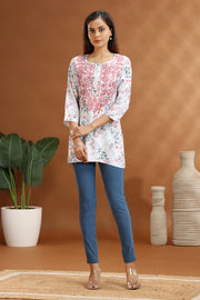 Off White Grammy Cotton Embroidered Short Kurti for women / girl