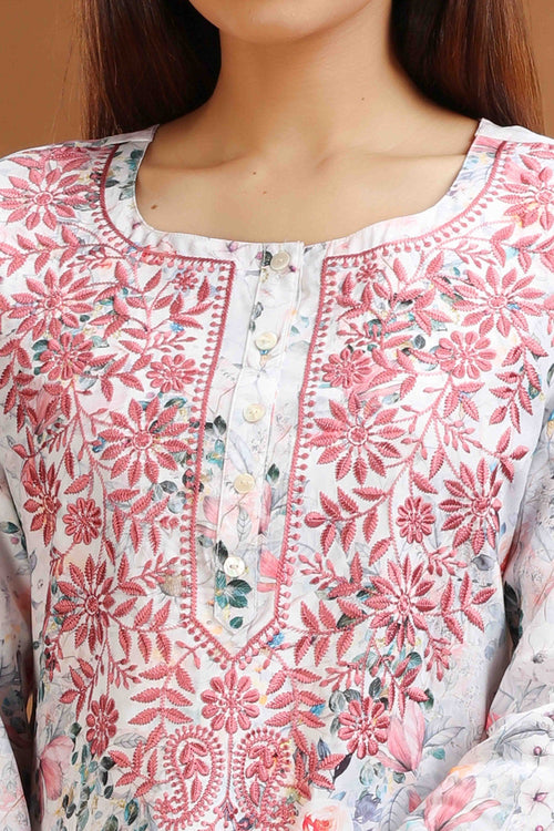 Off White Grammy Cotton Embroidered Short Kurti for women / girl