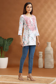 Off White Grammy Cotton Embroidered Short Kurti for women / girl